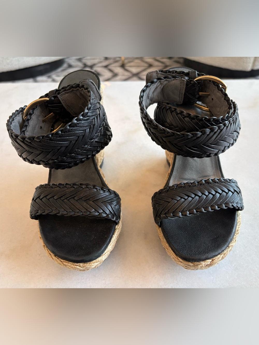 Stuart Weitzman Black Braided Espadrille Wedge Sandals size 6.